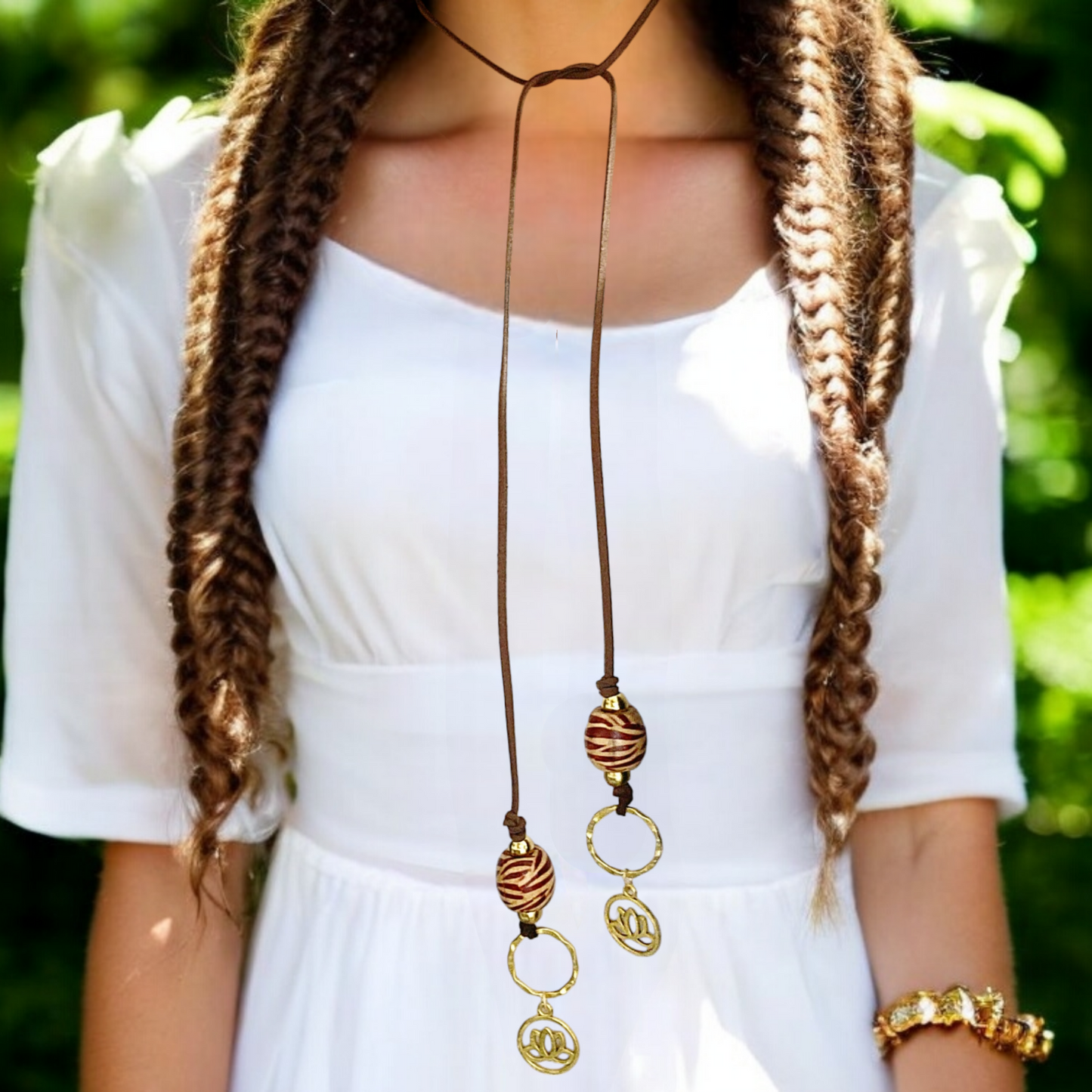 Boho Lotus Necklace – Handmade Jewelry with Brass Lotus Charm, Wooden Beads, Brass Accents & Faux Suede Brown Cord