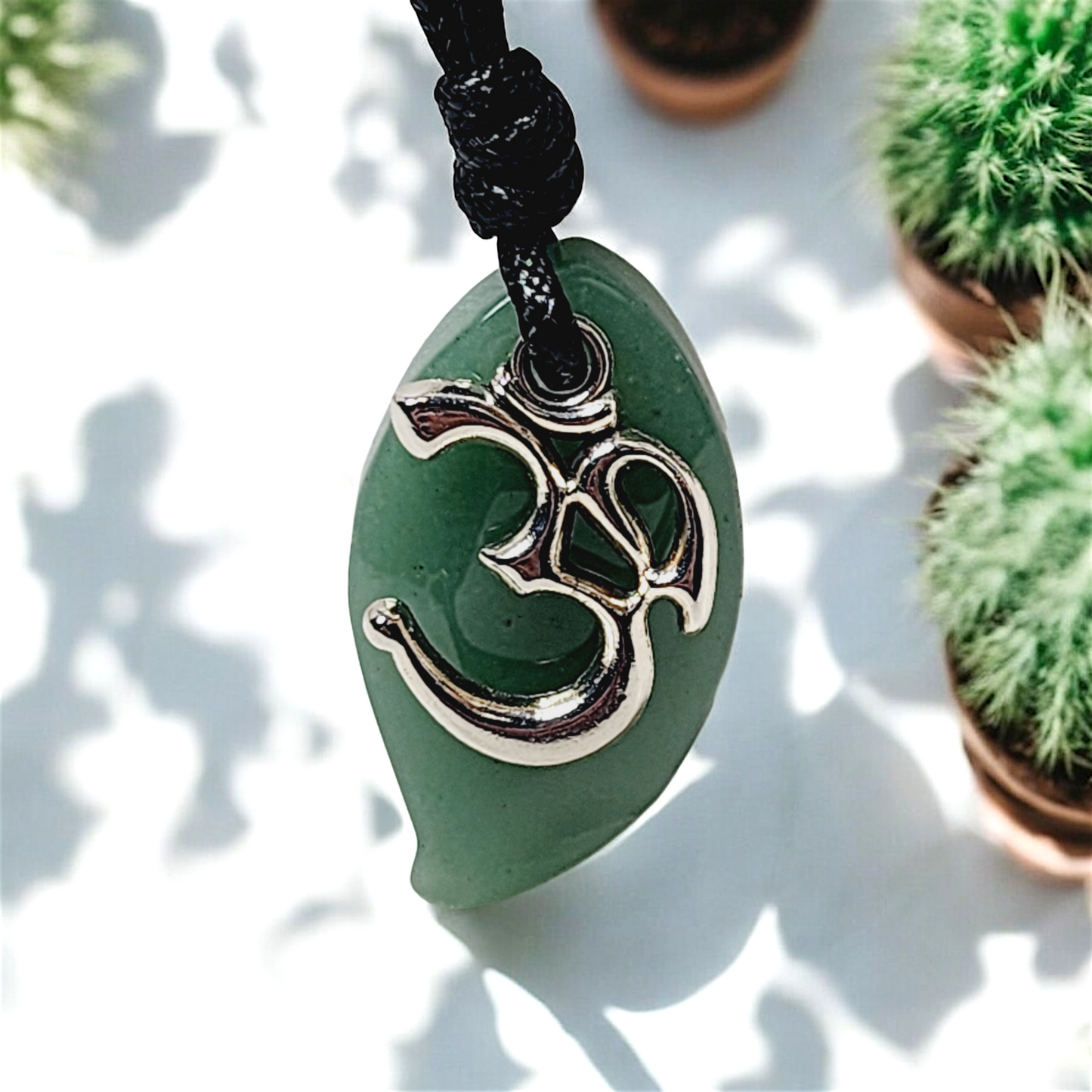 Aventurine Om Necklace – Handmade Spiritual Jewelry with Teal Ceramic Beads, Inspirational Charms & Black Cord – Boho Chakra Necklace