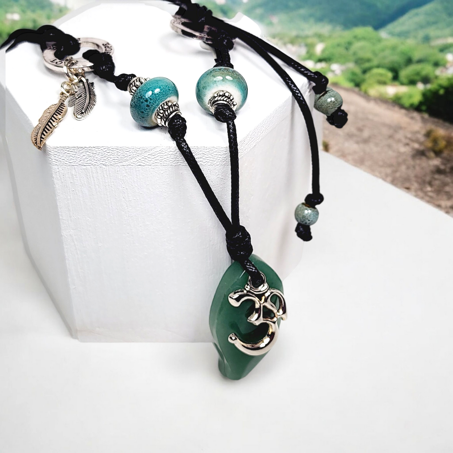 Aventurine Om Necklace – Handmade Spiritual Jewelry with Teal Ceramic Beads, Inspirational Charms & Black Cord – Boho Chakra Necklace
