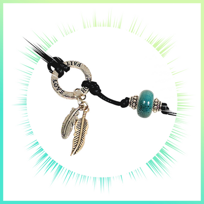 Aventurine Om Necklace – Handmade Spiritual Jewelry with Teal Ceramic Beads, Inspirational Charms & Black Cord – Boho Chakra Necklace