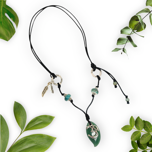 Aventurine Om Necklace – Handmade Spiritual Jewelry with Teal Ceramic Beads, Inspirational Charms & Black Cord – Boho Chakra Necklace