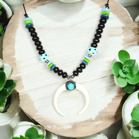 Boho Crescent Horn Moon Necklace – Handmade Jewelry with Ashanti Glass, Lampwork & Wool Beads on Black Cotton Cord