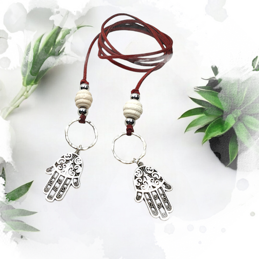 Boho Hamsa Hand Necklace – Handmade Jewelry with Silver Hamsa Charm, Wood Beads, Brass Rings & Faux Suede Brown Cord