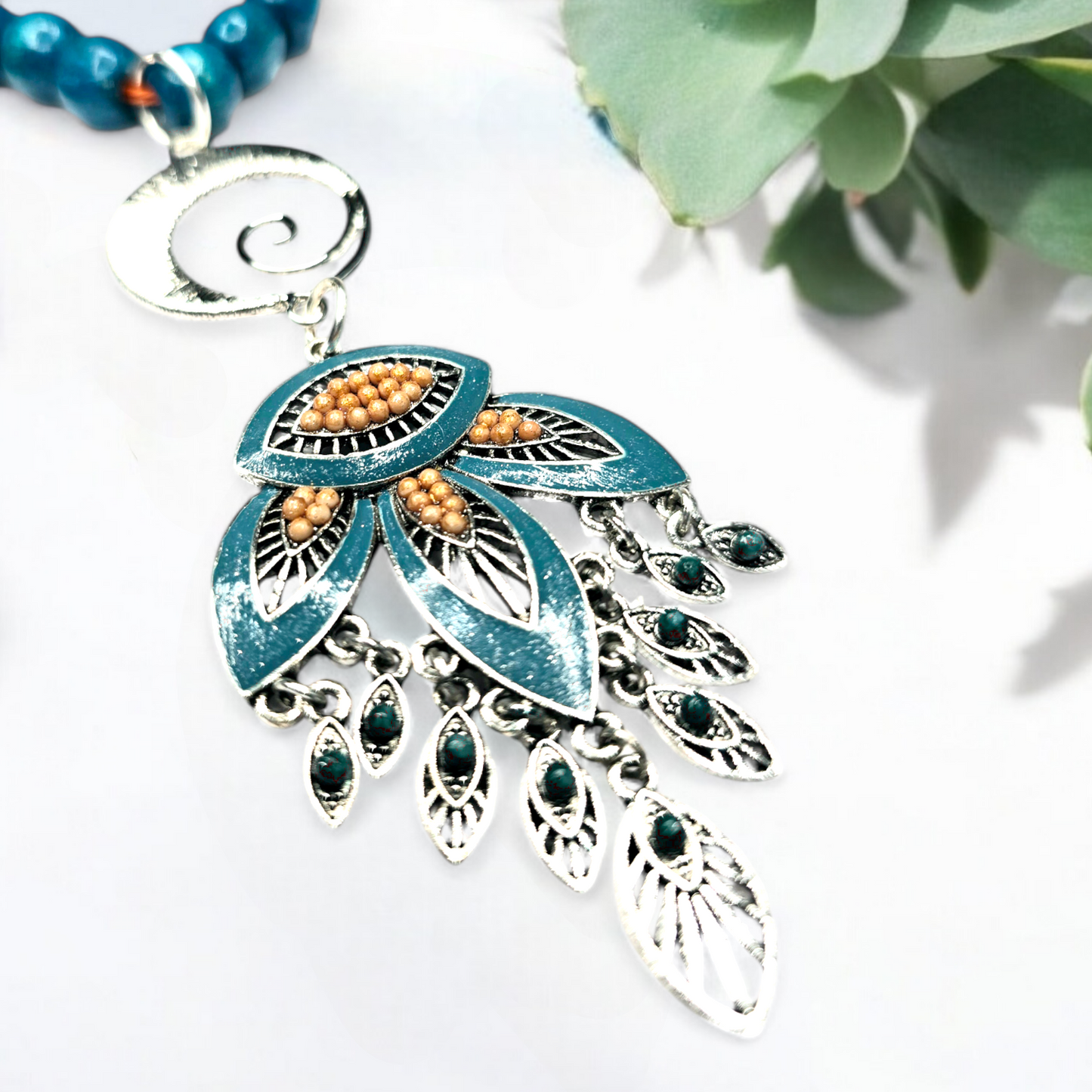 Turquoise & Coral Leaf Pendant Necklace – Handmade Boho Jewelry with Tribal Beads on Adjustable Orange Cord – Festival Statement Necklace
