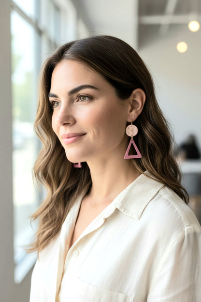 Blush Petal Boho Earrings – Light Pink Polymer Clay &amp; Wooden Triangle Dangle Earrings with Golden Wire Hooks