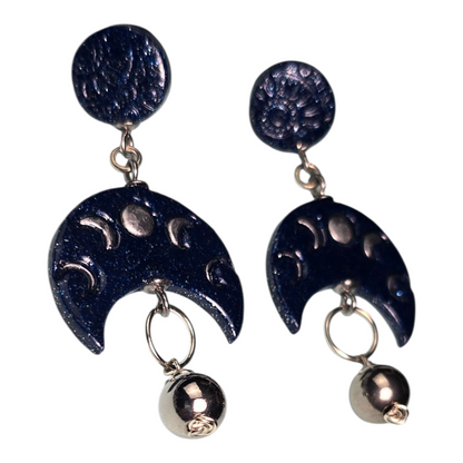Lunar Glow Boho Earrings – Blue Glitter Polymer Clay Moon Phase Dangle Earrings with Silver Wire & Beads