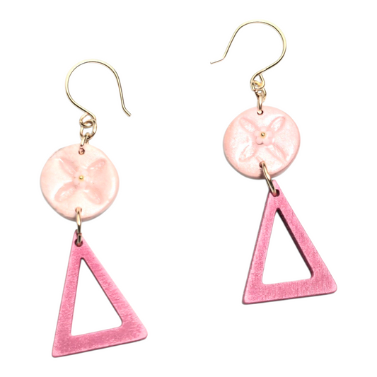 Blush Petal Boho Earrings – Light Pink Polymer Clay &amp; Wooden Triangle Dangle Earrings with Golden Wire Hooks