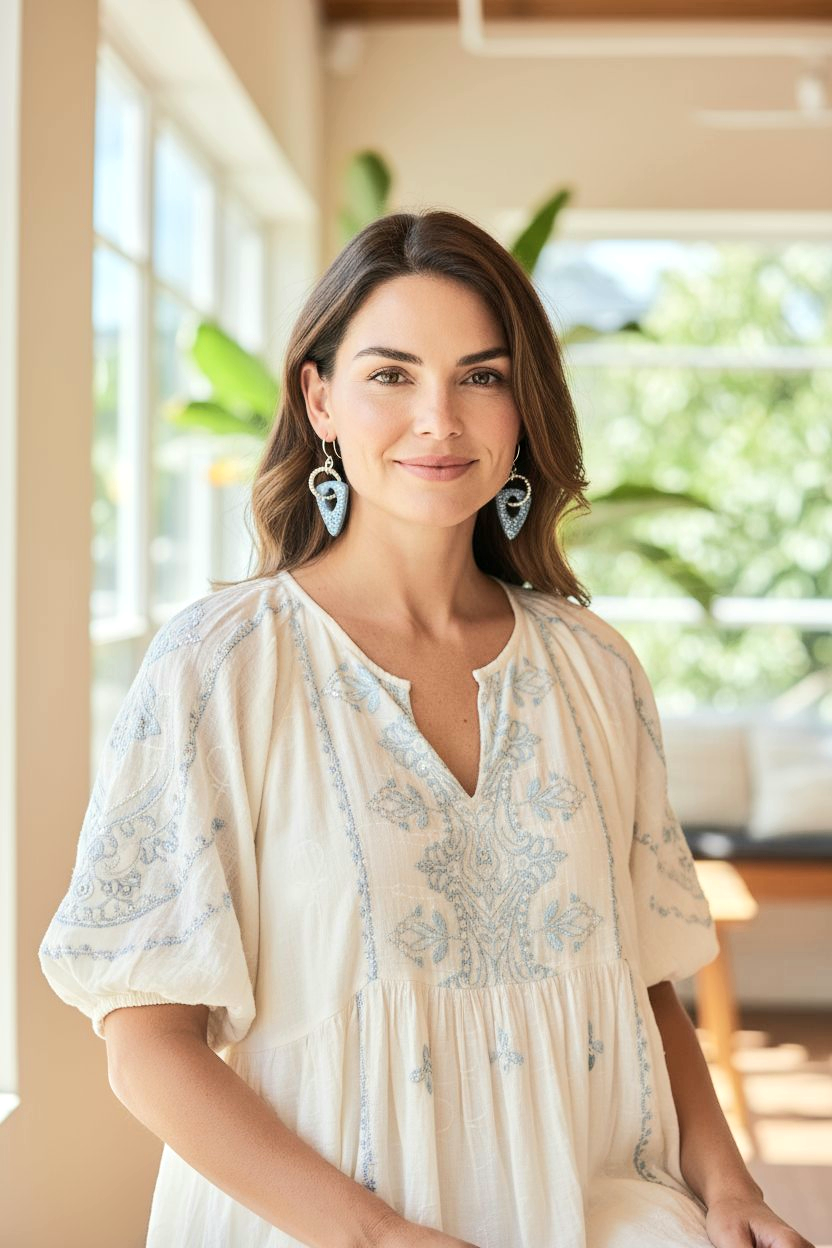 Azure Horizon Boho Earrings – Blue Patterned Polymer Clay Triangle Dangle Earrings with Aluminum Ring & Silver Wire Hooks