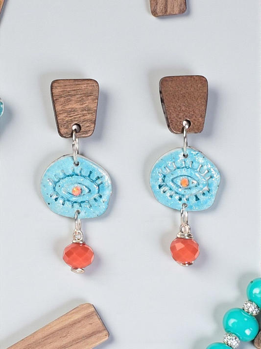 Tribal Spirit Boho Earrings – Turquoise Blue Polymer Clay Evil Eye Dangle Earrings with Wooden Studs & Orange Glass Beads