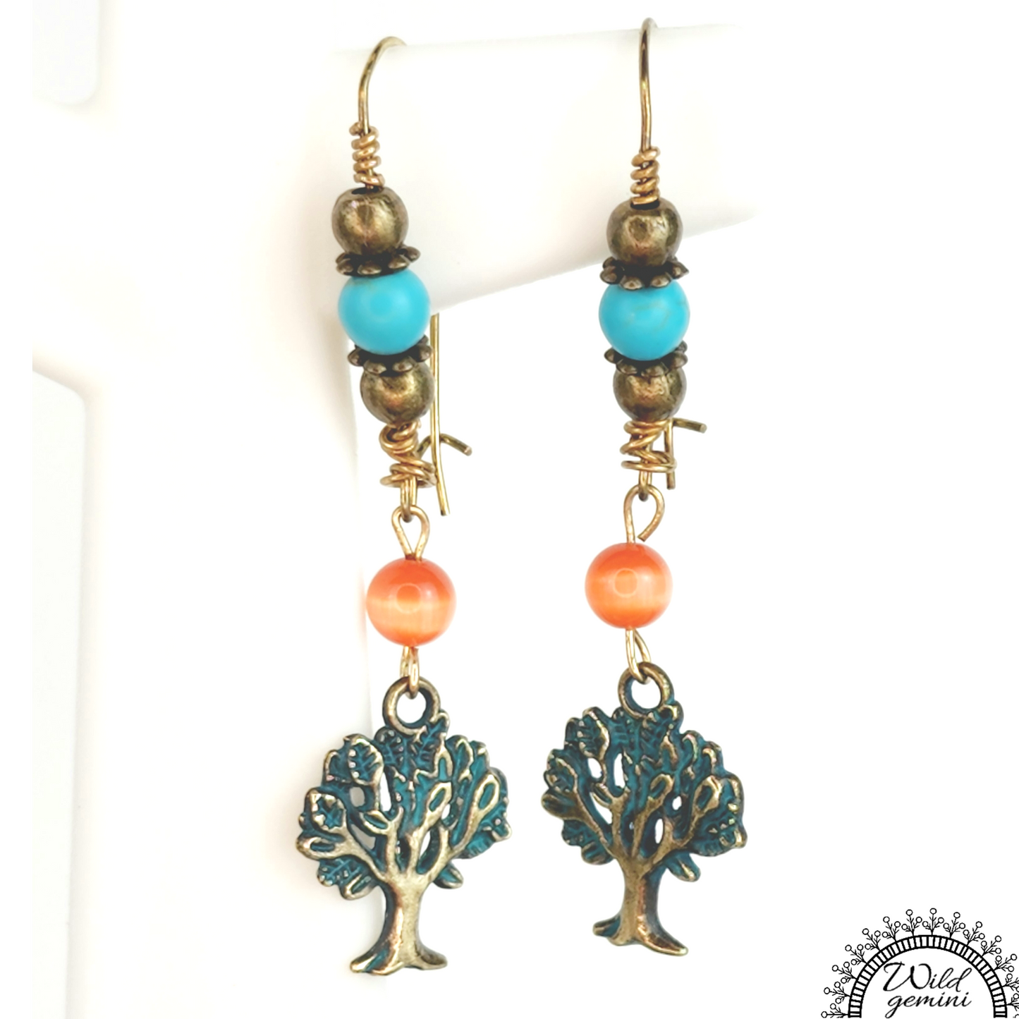 Boho Tree of Life Earrings – Handmade Brass Dangles with Turquoise Jasper, Orange Glass Beads & Tree Charms, 2.5” Long