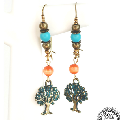 Boho Tree of Life Earrings – Handmade Brass Dangles with Turquoise Jasper, Orange Glass Beads & Tree Charms, 2.5” Long