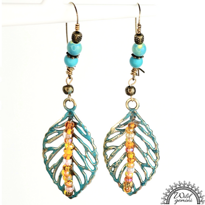 Boho Leaf Dangle Earrings – Handmade Brass Earrings with Turquoise Jasper, Orange Seed Beads & Long Leaf Charms, 3.5” Long