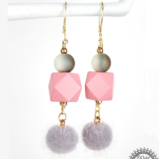 Boho Fuzzy Ball Earrings – Handmade Dangles with Grey Fuzzy Beads, Iridescent Rounds & Pink Wooden Hexagons, 2.6” Long with Gold Hooks