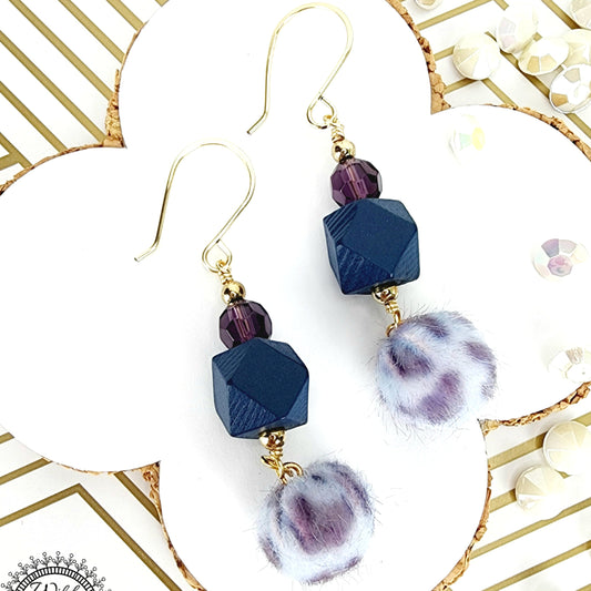 Boho Purple Fuzzy Earrings – Handmade Dangles with Faceted Glass Beads & Blue Wooden Hexagons, 2.6” Long with Gold Hooks