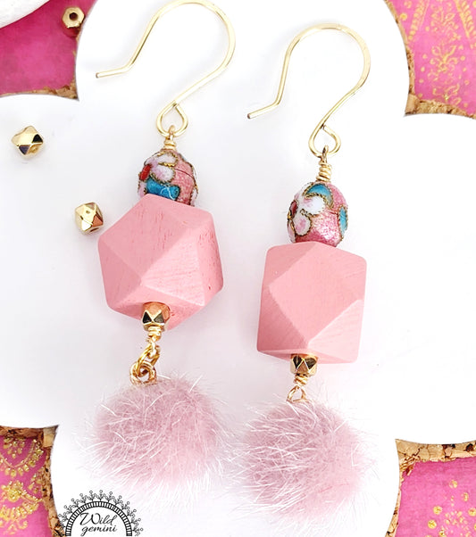 Boho Pink Fuzzy Earrings – Handmade Dangles with Vintage Cloisonné Beads & Wooden Hexagons, 2.6” Long with Gold Hooks