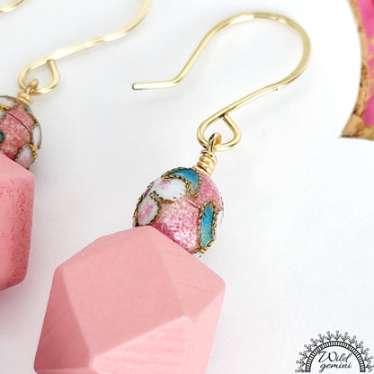 Boho Pink Fuzzy Earrings – Handmade Dangles with Vintage Cloisonné Beads & Wooden Hexagons, 2.6” Long with Gold Hooks