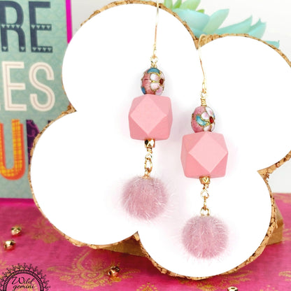 Boho Pink Fuzzy Earrings – Handmade Dangles with Vintage Cloisonné Beads & Wooden Hexagons, 2.6” Long with Gold Hooks