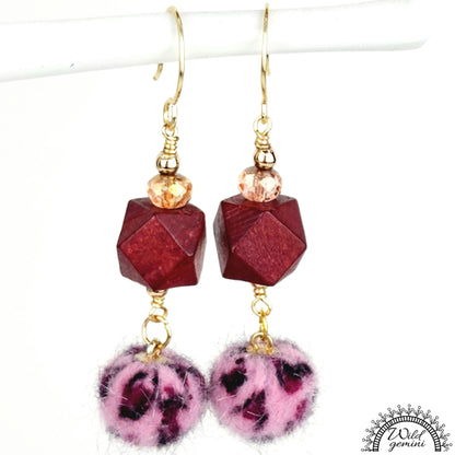 Boho Burgundy Fuzzy Earrings – Handmade Dangles with Faceted Glass Beads & Wooden Hexagons, 2.5” Long with Gold Hooks