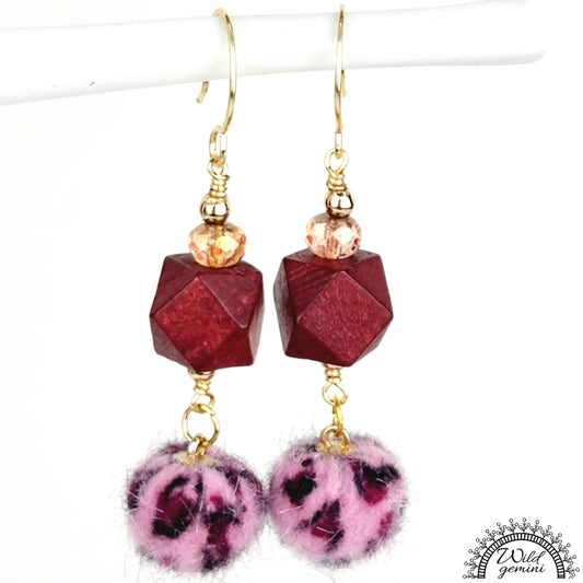 Boho Burgundy Fuzzy Earrings – Handmade Dangles with Faceted Glass Beads & Wooden Hexagons, 2.5” Long with Gold Hooks