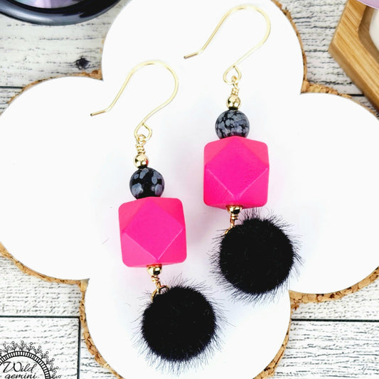 Boho Dalmatian Jasper Earrings – Handmade Dangles with Vintage Cloisonné, Pink Wooden Hexagons & Gold Hooks, 2.6” Long