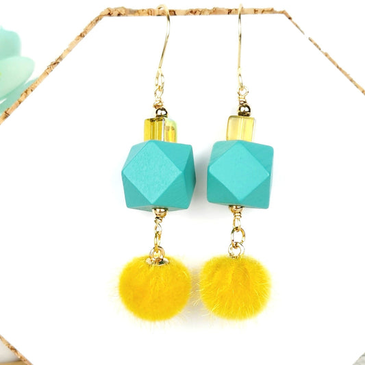 Boho Yellow Fuzzy Earrings – Handmade Dangles with Cube Glass Beads & Teal Wooden Hexagons, 2.5” Long with Gold Hooks