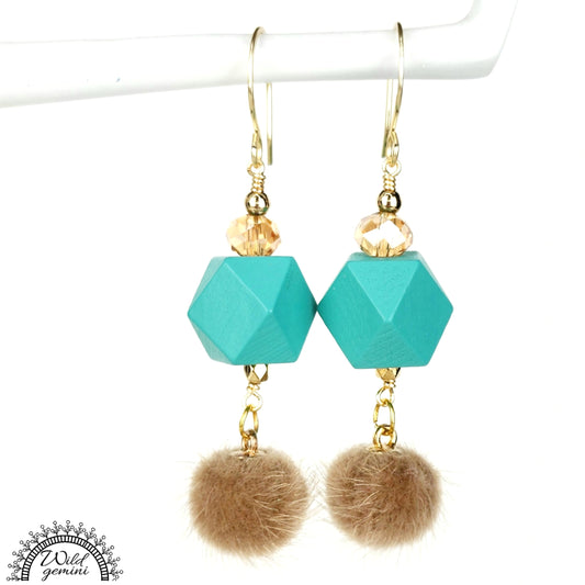 Boho Fuzzy Drop Earrings – Handmade Dangles with Beige Fuzzy Beads, Teal Wooden Hexagons & Glass Rondelles, 2.5” Long with Gold Hooks
