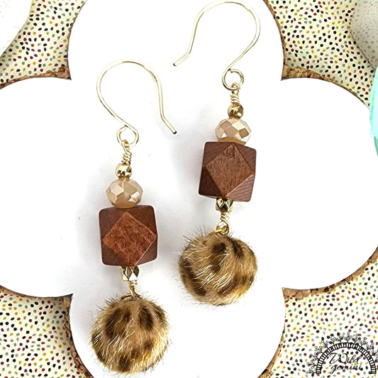 Boho Animal Print Earrings – Handmade Dangles with Fuzzy Beads, Glass Rondelles & Wooden Hexagons, 2.5” Long with Gold Hooks
