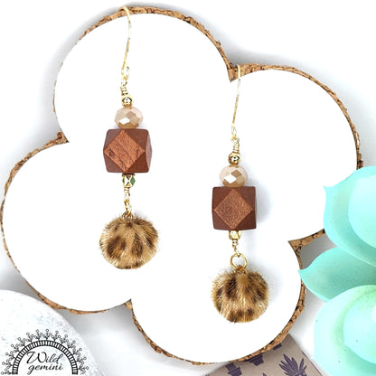 Boho Animal Print Earrings – Handmade Dangles with Fuzzy Beads, Glass Rondelles & Wooden Hexagons, 2.5” Long with Gold Hooks