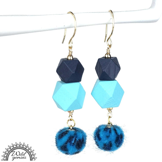 Boho Blue Fuzzy Earrings – Handmade Dangles with Wooden Hexagons & Blue Fuzzy Beads, 3” Long with Gold Hooks