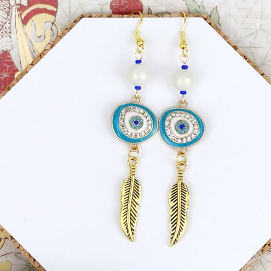 Boho Evil Eye Feather Earrings – Handmade Gold Dangles with White Glass Beads, Rhinestone Charms & Gold Feathers, 3” Long