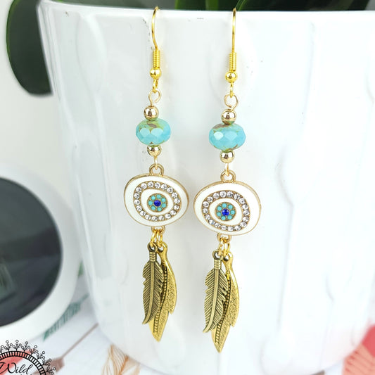 Boho Evil Eye Earrings – Handmade Gold Dangles with Teal Faceted Beads, Rhinestone Charms & Layered Feather Drops, 3.25” Long