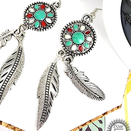 Boho Coin Feather Earrings – Handmade Silver Dangles with Teal & Red Enameled Coins & Layered Silver Feathers, 2.75” Long