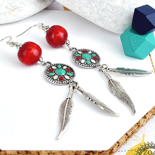 Boho Feather Coin Earrings – Handmade Silver Dangles with Red Wooden Bead, Enameled Coins & Layered Silver Feathers, 2.75” Long