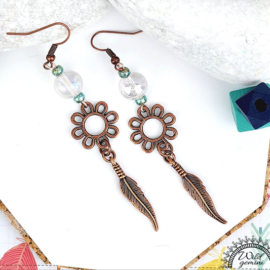 Boho Feather Earrings – Handmade Copper Dangles with Clear Glass Beads, Flower Rings & Feather Charms, 3.45” Long