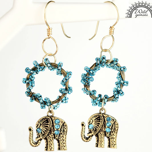 Boho Elephant Hoop Earrings – Handmade Gold Dangle Earrings with Blue Rhinestones, Seed Beads & Gold Hooks, 2.8” Long