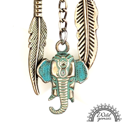 Boho Elephant & Feather Earrings – Handmade Tribal Dangle Jewelry with Turquoise Brass Charms, Yellow Seed Beads & Floral Gold Hoops