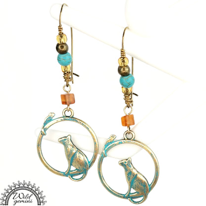 Boho Cat & Mouse Earrings – Handmade Brass Dangle Earrings with Carnelian, Turquoise Jasper & Whimsical Charms, 2.75” Long