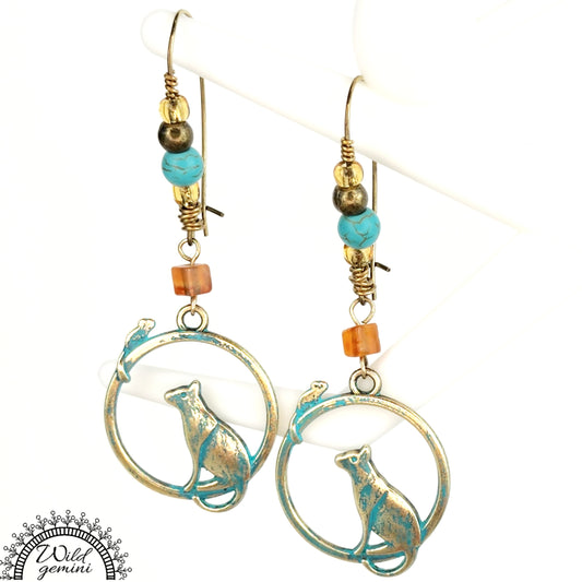 Boho Cat & Mouse Earrings – Handmade Brass Dangle Earrings with Carnelian, Turquoise Jasper & Whimsical Charms, 2.75” Long