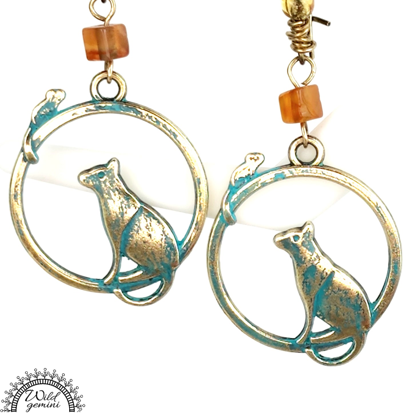 Boho Cat & Mouse Earrings – Handmade Brass Dangle Earrings with Carnelian, Turquoise Jasper & Whimsical Charms, 2.75” Long