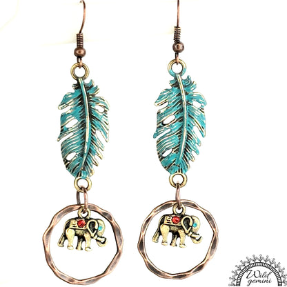 Boho Elephant Feather Hoop Earrings – Handmade Brass Hoops with Golden Elephant & Feather Charms, Copper Hooks, 2.88” Long
