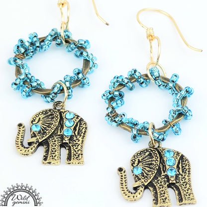 Boho Elephant Hoop Earrings – Handmade Gold Dangle Earrings with Blue Rhinestones, Seed Beads & Gold Hooks, 2.8” Long
