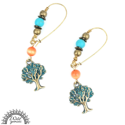Boho Tree of Life Earrings – Handmade Brass Dangles with Turquoise Jasper, Orange Glass Beads & Tree Charms, 2.5” Long