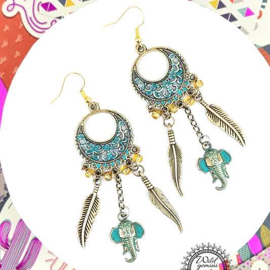 Boho Elephant & Feather Earrings – Handmade Tribal Dangle Jewelry with Turquoise Brass Charms, Yellow Seed Beads & Floral Gold Hoops