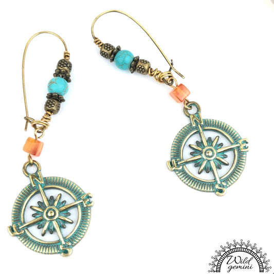 Boho Compass Earrings – Handmade Brass Dangles with Carnelian, Turquoise Jasper & Distressed Compass Charms, 3.65” Long