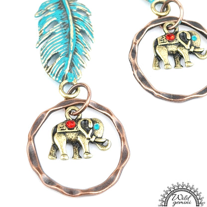 Boho Elephant Feather Hoop Earrings – Handmade Brass Hoops with Golden Elephant & Feather Charms, Copper Hooks, 2.88” Long