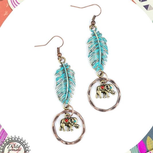 Boho Elephant Feather Hoop Earrings – Handmade Brass Hoops with Golden Elephant & Feather Charms, Copper Hooks, 2.88” Long