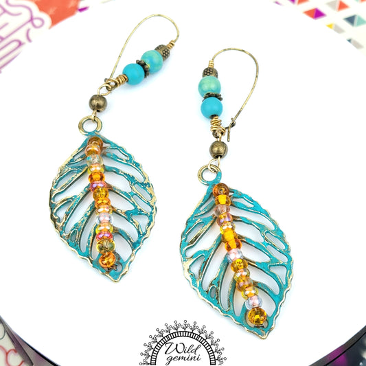 Boho Leaf Dangle Earrings – Handmade Brass Earrings with Turquoise Jasper, Orange Seed Beads & Long Leaf Charms, 3.5” Long