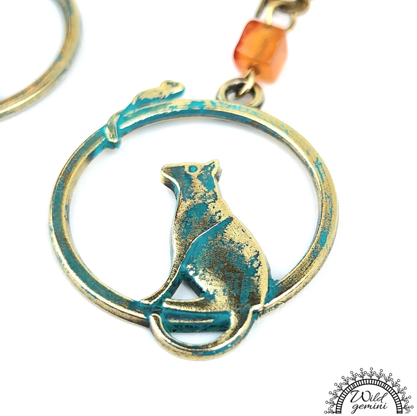 Boho Cat & Mouse Earrings – Handmade Brass Dangle Earrings with Carnelian, Turquoise Jasper & Whimsical Charms, 2.75” Long