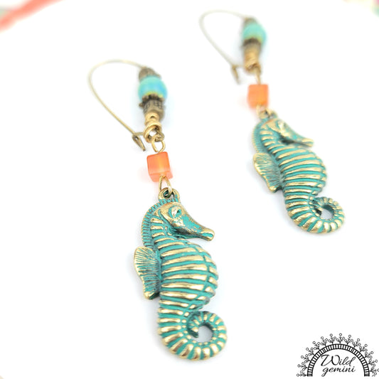 Boho Seahorse Earrings – Handmade Brass Dangles with Turquoise Jasper, Orange Carnelian Beads & Sea Horse Charms, 2.83” Long