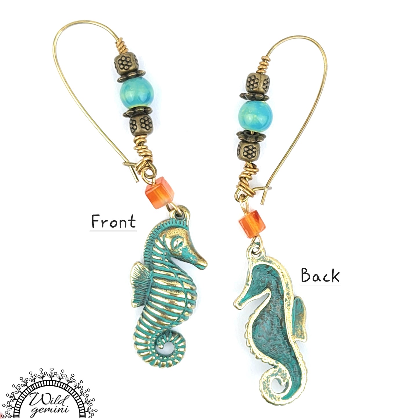 Boho Seahorse Earrings – Handmade Brass Dangles with Turquoise Jasper, Orange Carnelian Beads & Sea Horse Charms, 2.83” Long